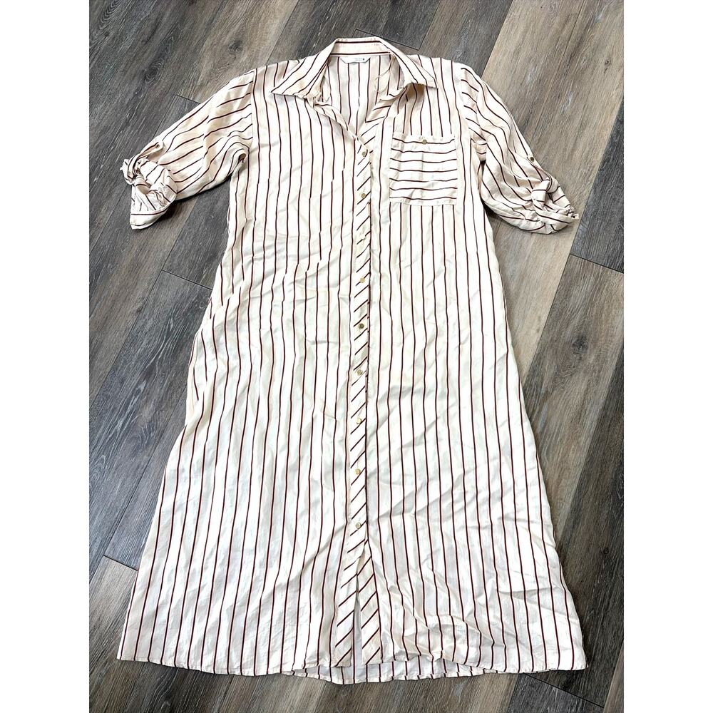 Zara Womens Shirt Dress Large Cream Maroon Striped Midi Button Front Collared - Picture 2 of 9